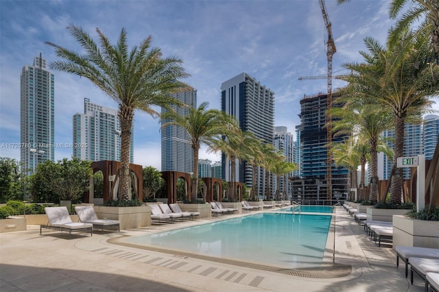 view of swimming pool featuring a patio area