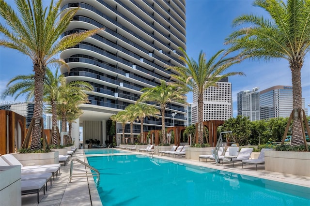 view of swimming pool with a patio