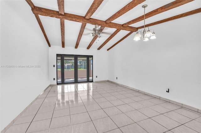 spare room featuring light tile patterned floors, beam ceiling, ceiling fan with notable chandelier, and french doors