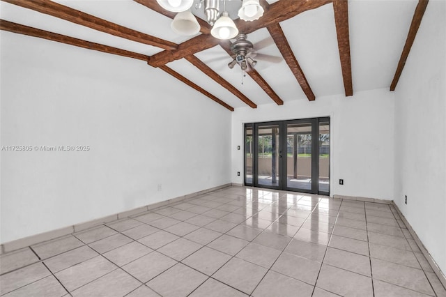 spare room featuring french doors, ceiling fan with notable chandelier, light tile patterned floors, and vaulted ceiling with beams