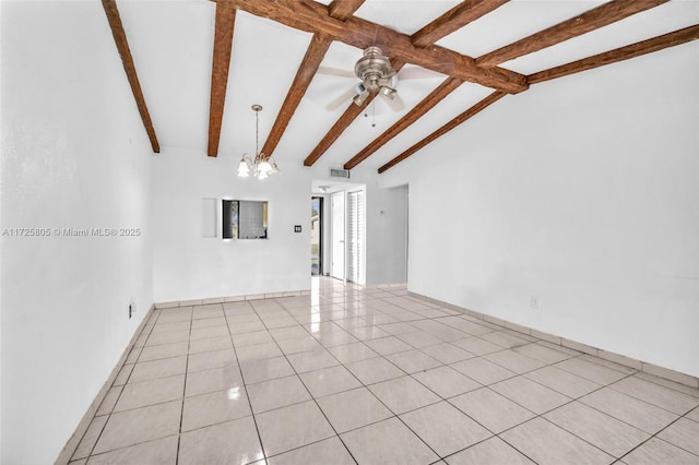 tiled spare room featuring ceiling fan with notable chandelier and lofted ceiling with beams