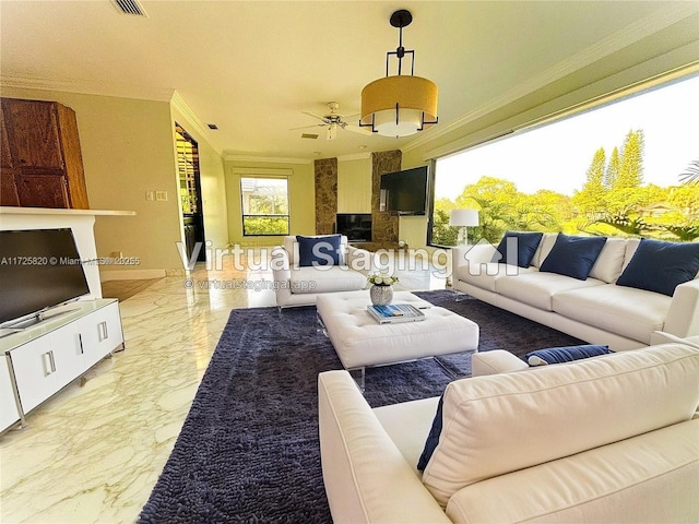 1 E Balfour Rd E, Palm Beach Gardens, FL 33418 - living room with light marble finish floors, crown molding, and ceiling fan