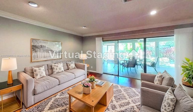 1 E Balfour Rd E, Palm Beach Gardens, FL 33418 - living area featuring crown molding, wood finished floors, and recessed lighting