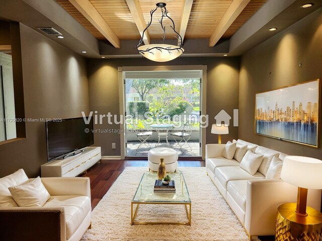 1 E Balfour Rd E, Palm Beach Gardens, FL 33418 - living room featuring wooden ceiling, wood finished floors, beamed ceiling, recessed lighting, and baseboards