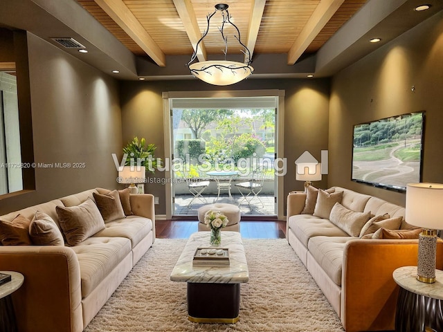 1 E Balfour Rd E, Palm Beach Gardens, FL 33418 - living area featuring a wood ceiling with exposed beams, wood finished floors, and recessed lighting
