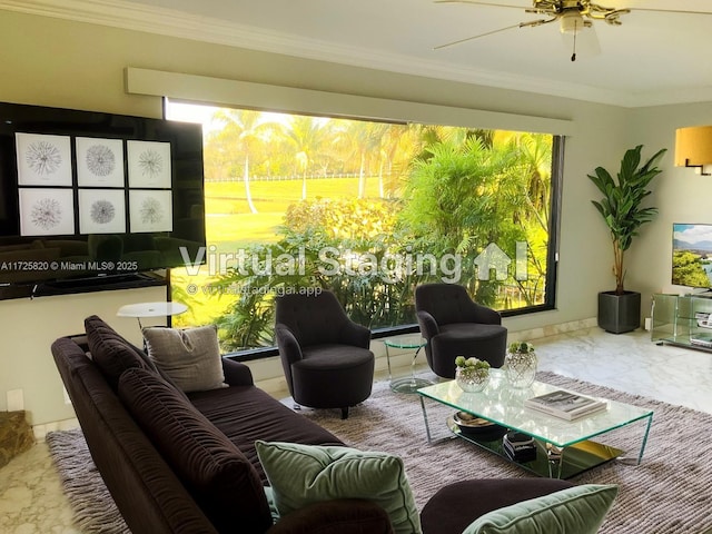 1 E Balfour Rd E, Palm Beach Gardens, FL 33418 - living room featuring marble finish floors, ornamental molding, and a ceiling fan