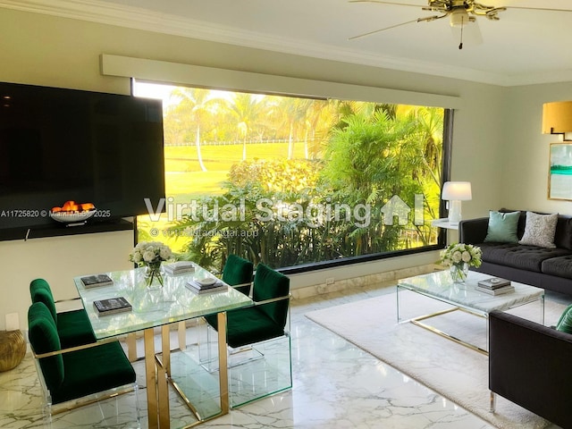 1 E Balfour Rd E, Palm Beach Gardens, FL 33418 - living room featuring marble tiled flooring, ceiling fan, and crown molding