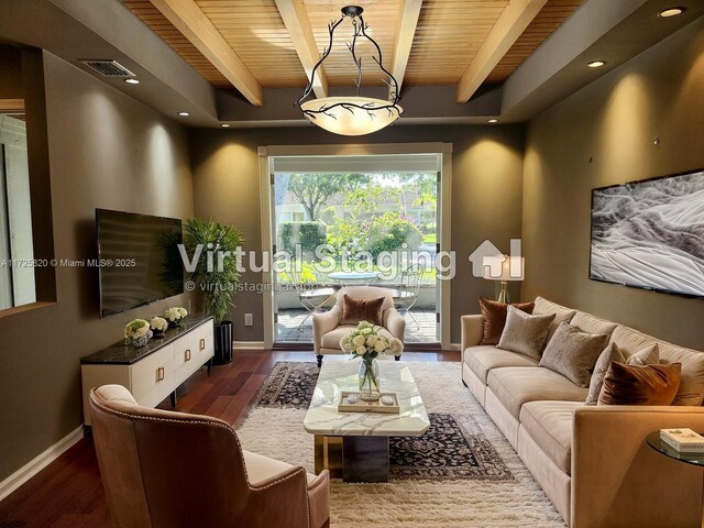 1 E Balfour Rd E, Palm Beach Gardens, FL 33418 - living room featuring wood ceiling, wood finished floors, beam ceiling, and baseboards