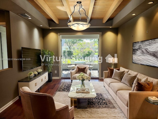 1 E Balfour Rd E, Palm Beach Gardens, FL 33418 - living area with a wooden ceiling with exposed beams, wood finished floors, and recessed lighting