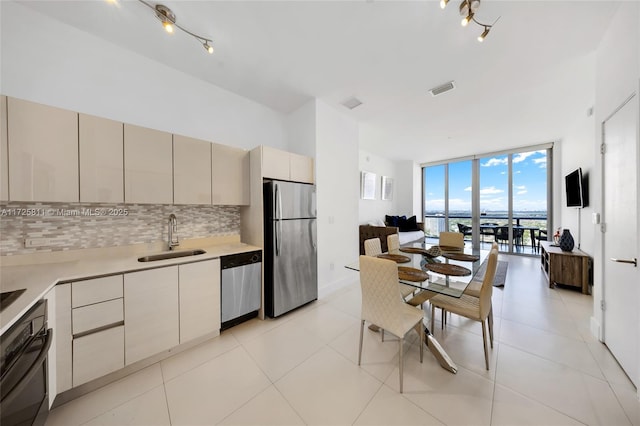 kitchen featuring tasteful backsplash, visible vents, expansive windows, appliances with stainless steel finishes, and a sink