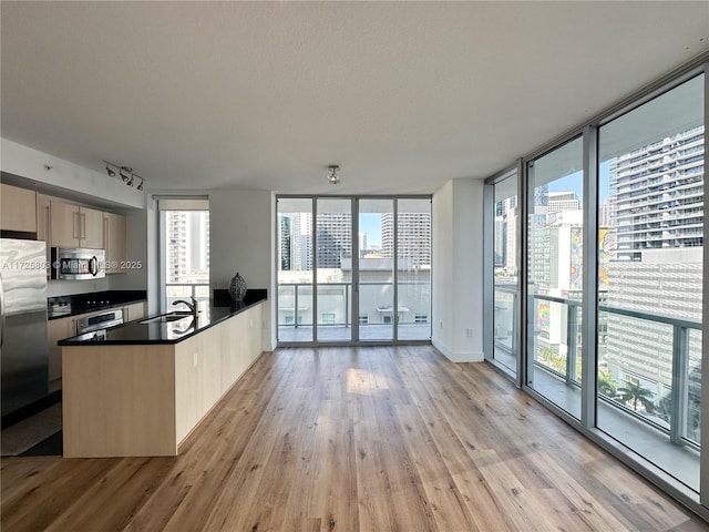 kitchen featuring a view of city, floor to ceiling windows, light wood finished floors, appliances with stainless steel finishes, and light brown cabinets