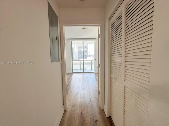 hallway featuring light wood-style floors, electric panel, and baseboards