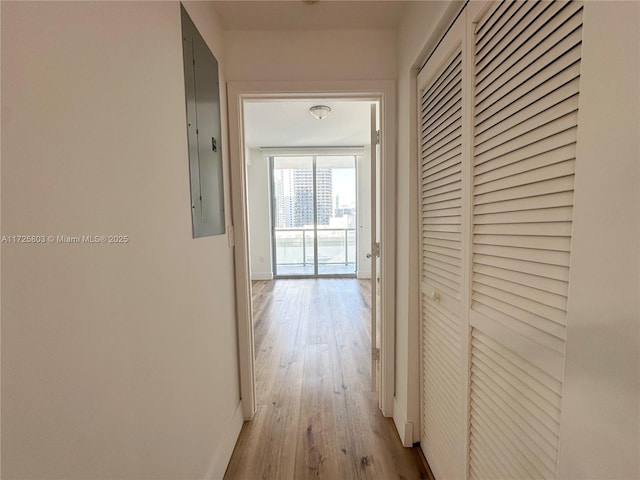 hallway featuring electric panel, light wood-style flooring, and baseboards
