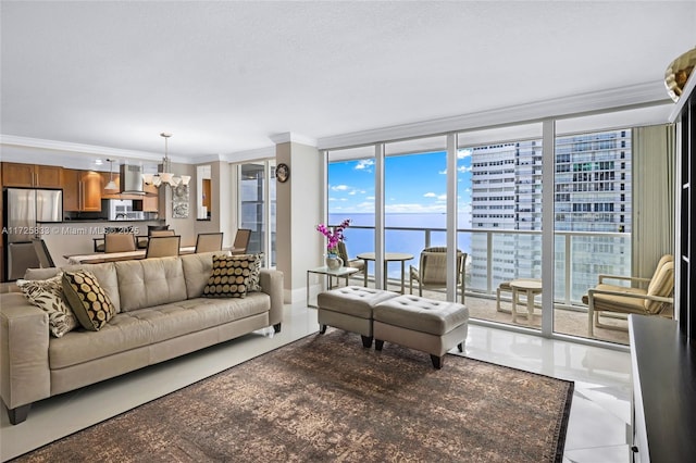 living room with a wall of windows, baseboards, a chandelier, and crown molding