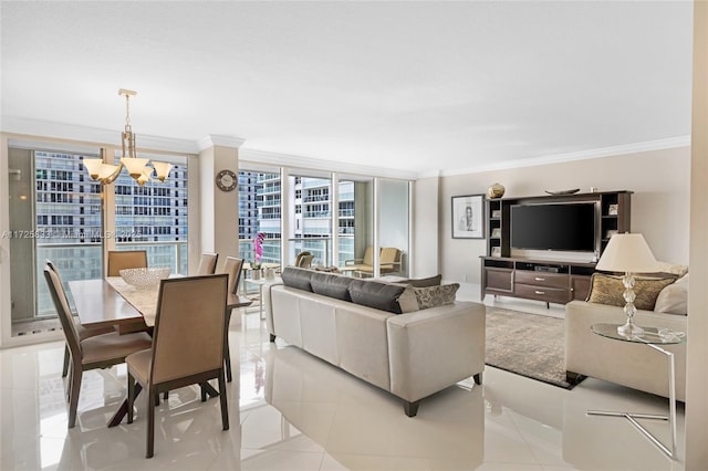 living area featuring light tile patterned floors, a wall of windows, an inviting chandelier, and ornamental molding