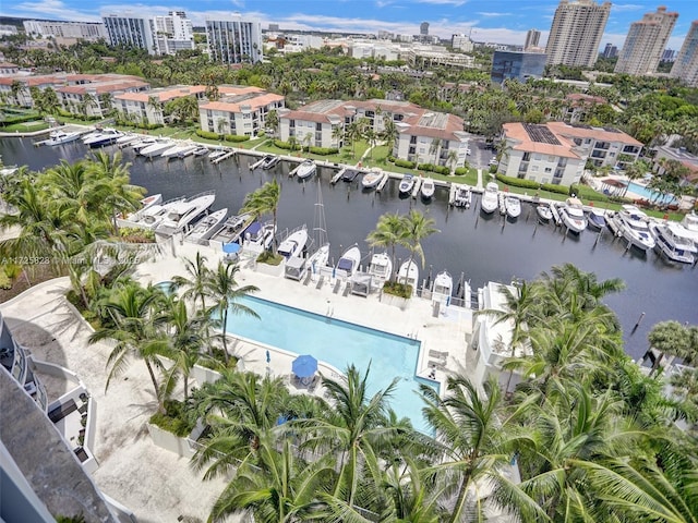 drone / aerial view featuring a water view