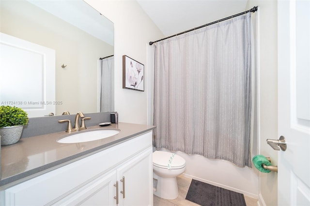 full bathroom featuring toilet, shower / bath combo, vanity, and tile patterned floors