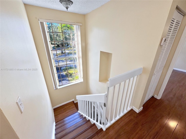 stairway with wood-type flooring and a textured ceiling