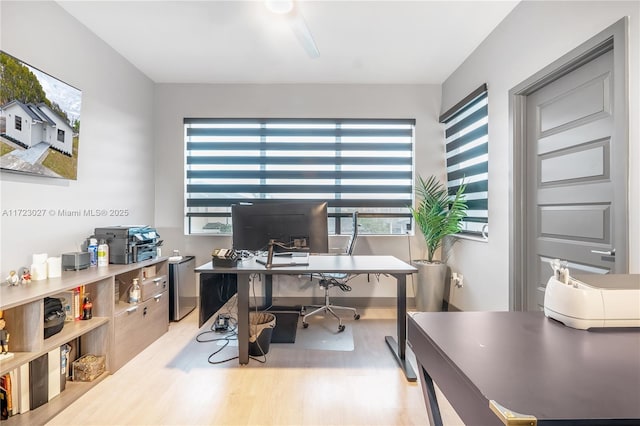home office with wood finished floors and ceiling fan