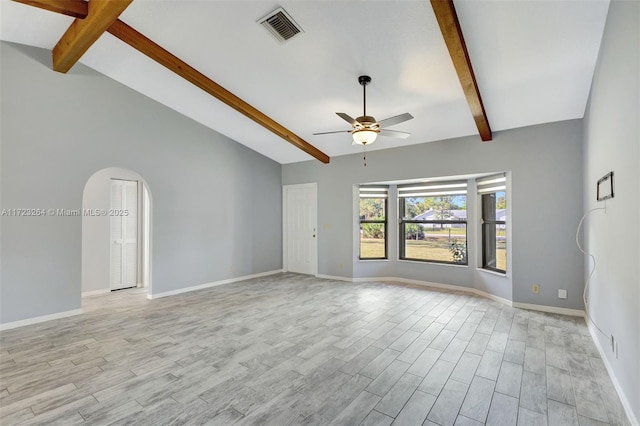 empty room featuring lofted ceiling with beams and ceiling fan