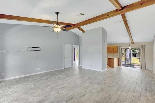 unfurnished living room with ceiling fan, lofted ceiling with beams, and light hardwood / wood-style flooring