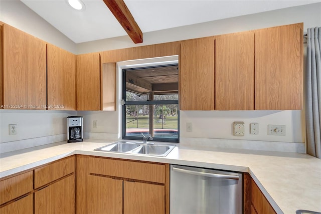 kitchen featuring dishwasher, vaulted ceiling with beams, and sink