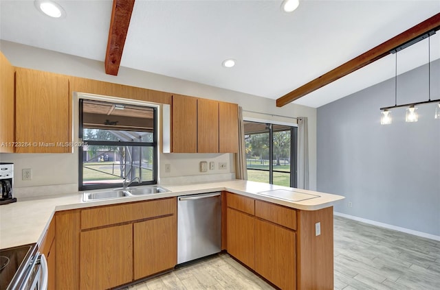 kitchen featuring appliances with stainless steel finishes, lofted ceiling with beams, kitchen peninsula, sink, and light hardwood / wood-style flooring