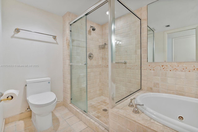 bathroom featuring tile patterned flooring, plus walk in shower, and toilet