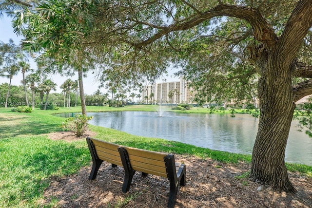 view of property's community with a yard and a water view