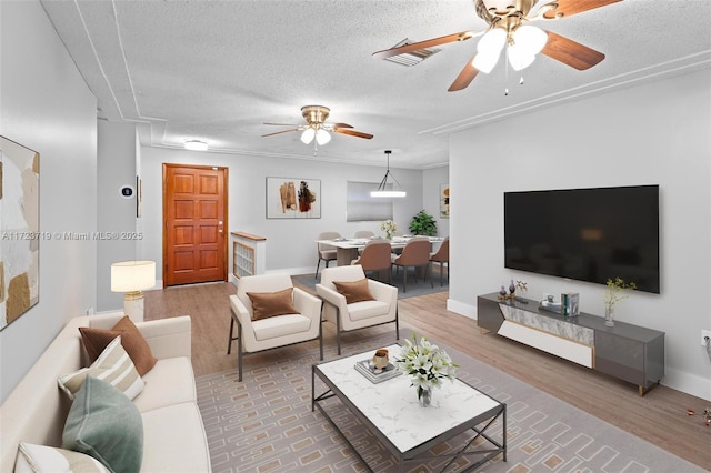 living room with a textured ceiling and wood-type flooring