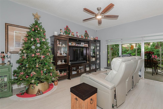 living room with a textured ceiling and ceiling fan