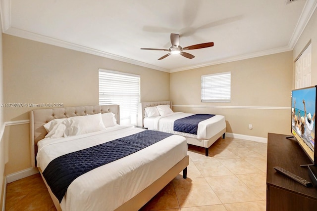 bedroom featuring ornamental molding, light tile patterned flooring, ceiling fan, and multiple windows