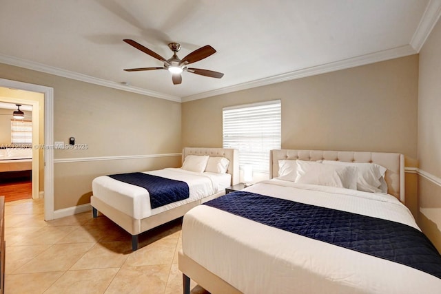 tiled bedroom featuring ceiling fan and ornamental molding