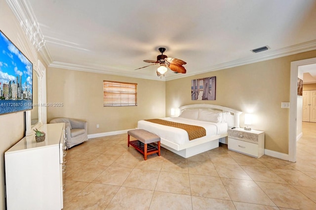 bedroom with ornamental molding, light tile patterned flooring, and ceiling fan