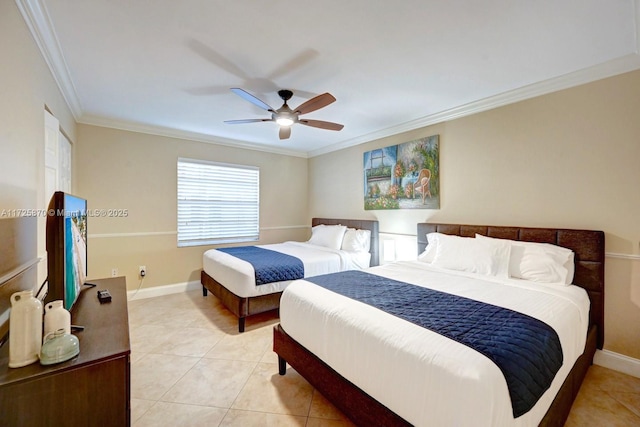 tiled bedroom featuring ornamental molding and ceiling fan