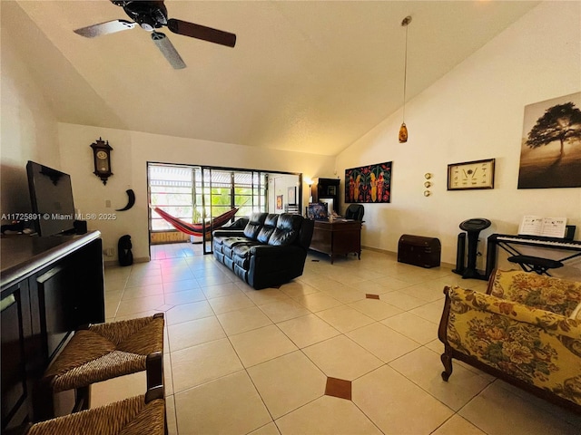 tiled living room with lofted ceiling, pool table, and ceiling fan