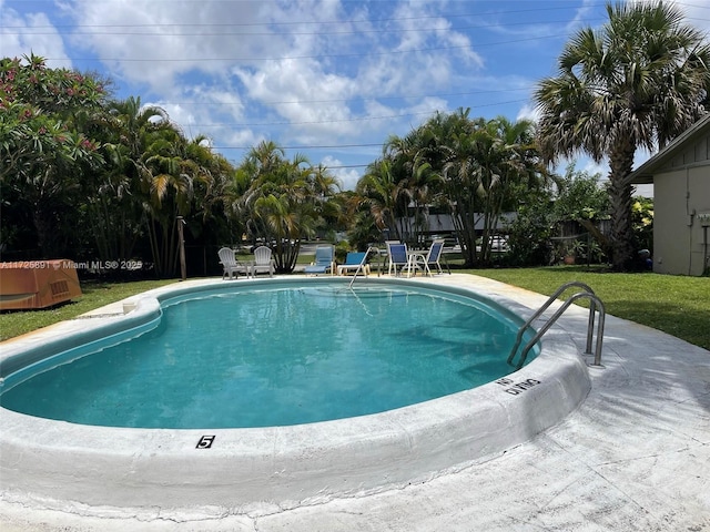 view of swimming pool with a patio area and a yard