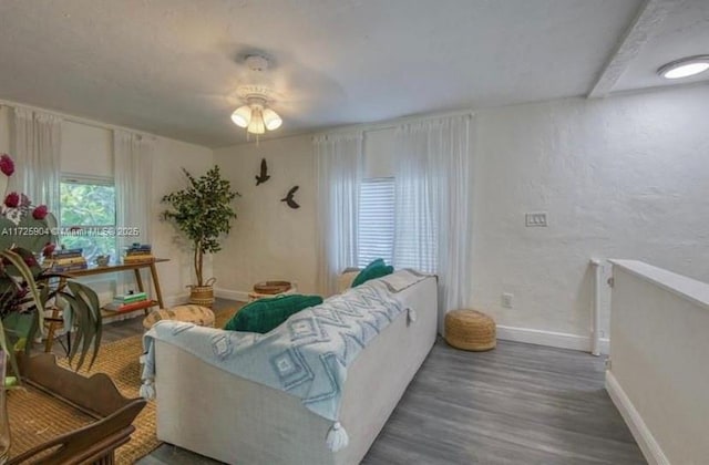 living room featuring dark wood-type flooring and ceiling fan