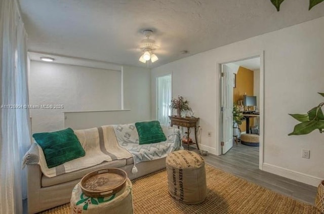 living room featuring ceiling fan and wood-type flooring