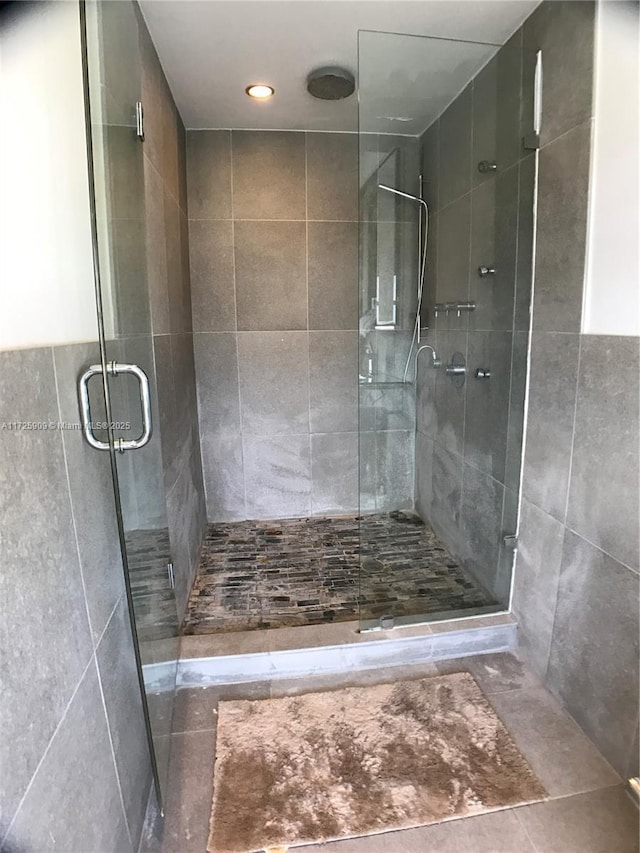 bathroom featuring a shower with shower door