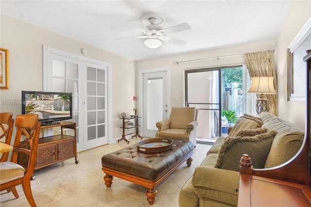 interior space featuring french doors and ceiling fan