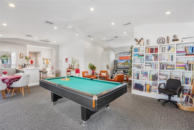 rec room featuring pool table, ceiling fan, carpet flooring, and lofted ceiling