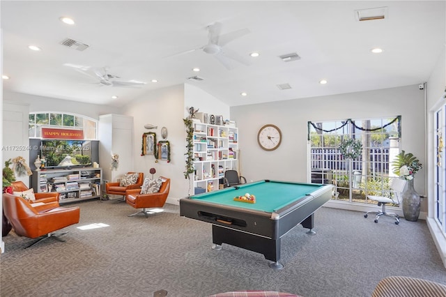 recreation room with pool table, ceiling fan, vaulted ceiling, and plenty of natural light