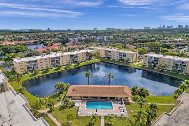 birds eye view of property featuring a water view