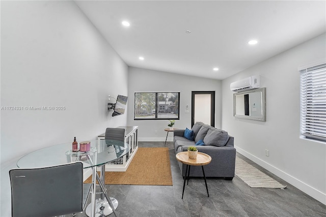 living room with a healthy amount of sunlight, vaulted ceiling, and a wall mounted air conditioner