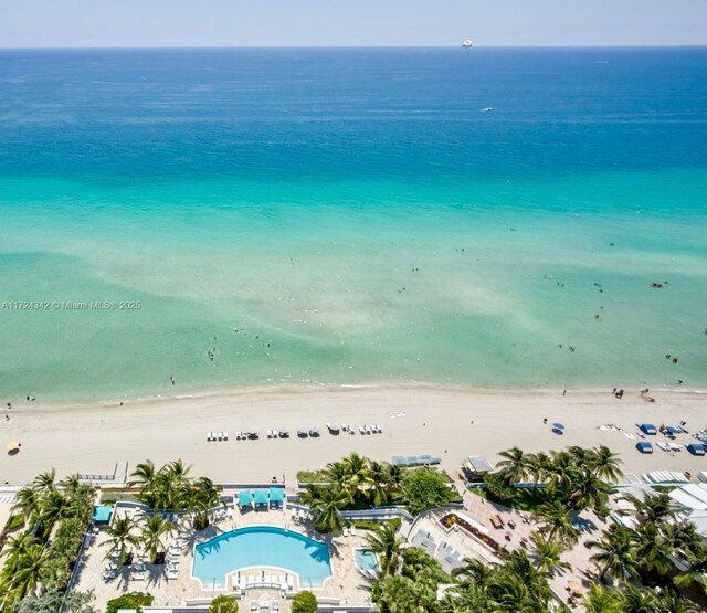 aerial view featuring a beach view and a water view