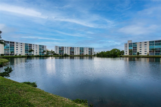 view of water feature with a view of city