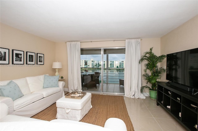 living room with light tile patterned flooring