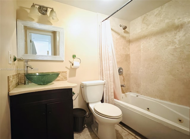 full bathroom featuring toilet, shower / bathtub combination with curtain, and vanity