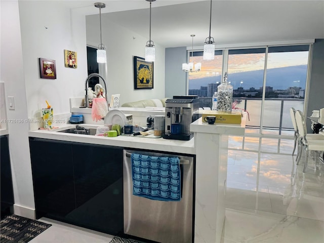 kitchen with dishwasher, a chandelier, hanging light fixtures, a wall of windows, and sink